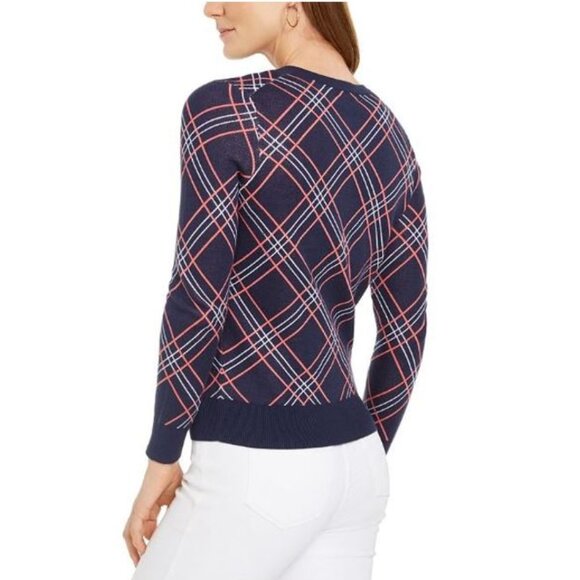 CHARTER CLUB, Navy blue/white/pink plaid cotton cardigan - Picture 2 of 13